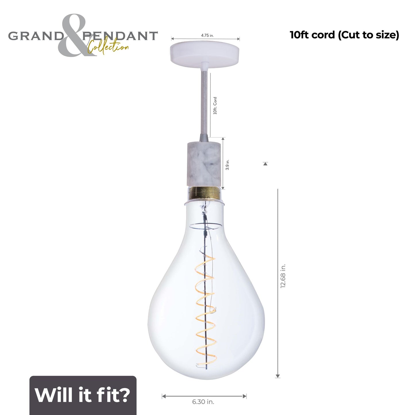 776300 - 4 Watt LED PEAR SHAPED GRAND 2200K FILAMENT W/ WHITE MARBLE PENDANT WITH WHITE STRING