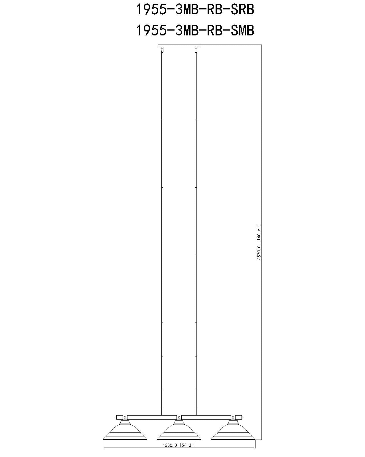 1955-3MB-RB-SRB - Bronte 3 Light 55" Billiard - Matte Black / Rubbed Brass