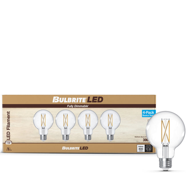 776240 - Filaments Dimmable Clear Glass G25 LED Light Bulb - 7.6 Watt - 3000K - 4 Pack