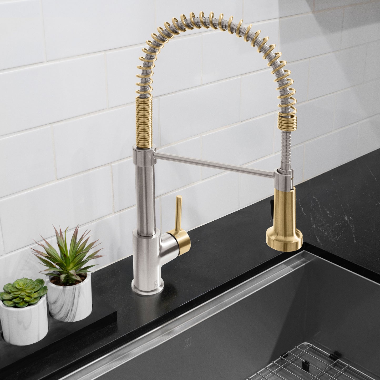 APL-KF-ZBNCB - Autograph Edition Apollo Pull Down Spring Single Handle Kitchen Faucet in Brushed Nickel and Champagne Bronze