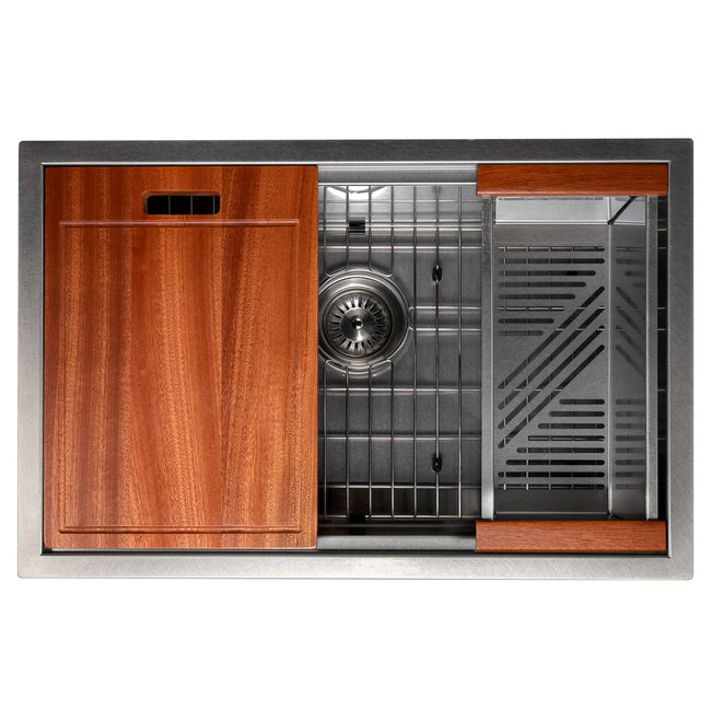SLS-27S - 27" Garmisch Undermount Single Bowl Satin Stainless Steel Kitchen Sink with Bottom Grid and Accessories