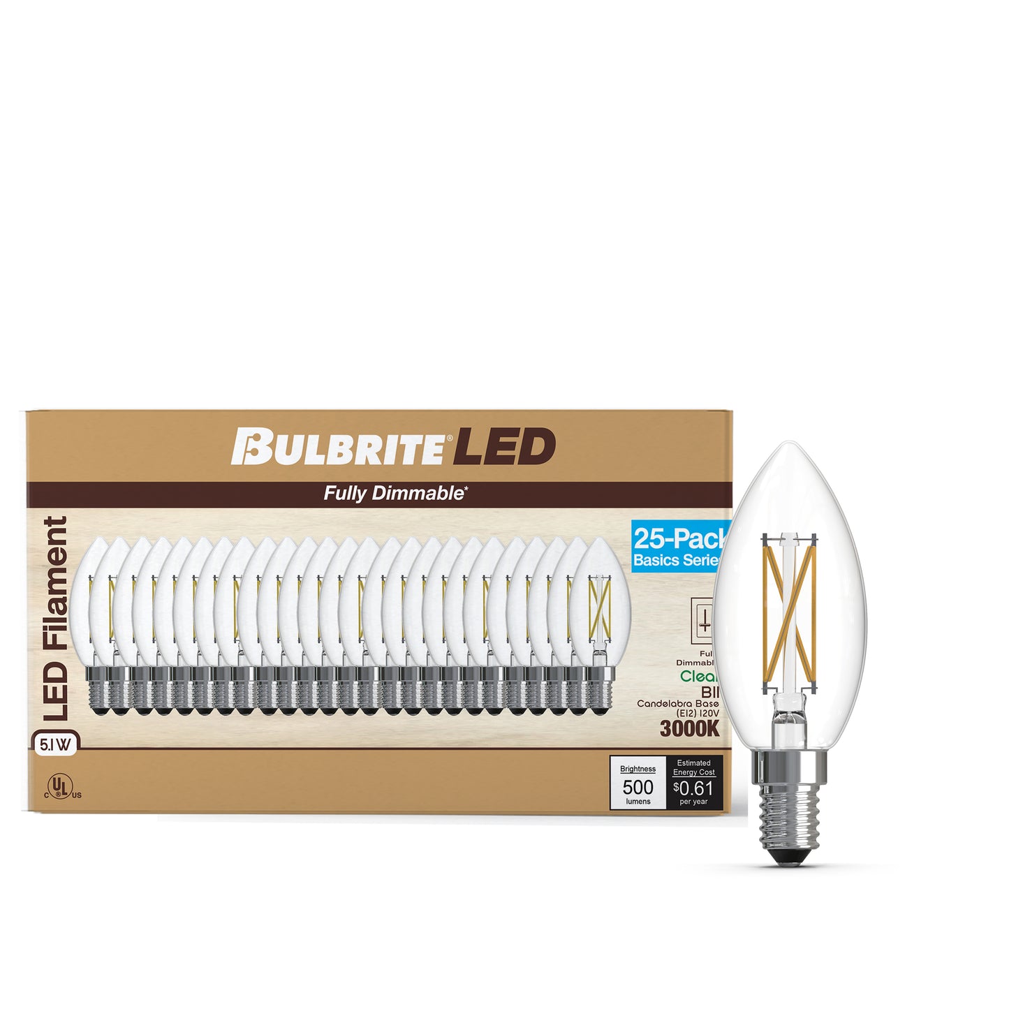 776238 - Filaments Dimmable Clear Glass B11 LED Light Bulb - 5.1 Watt - 3000K - 25 Pack