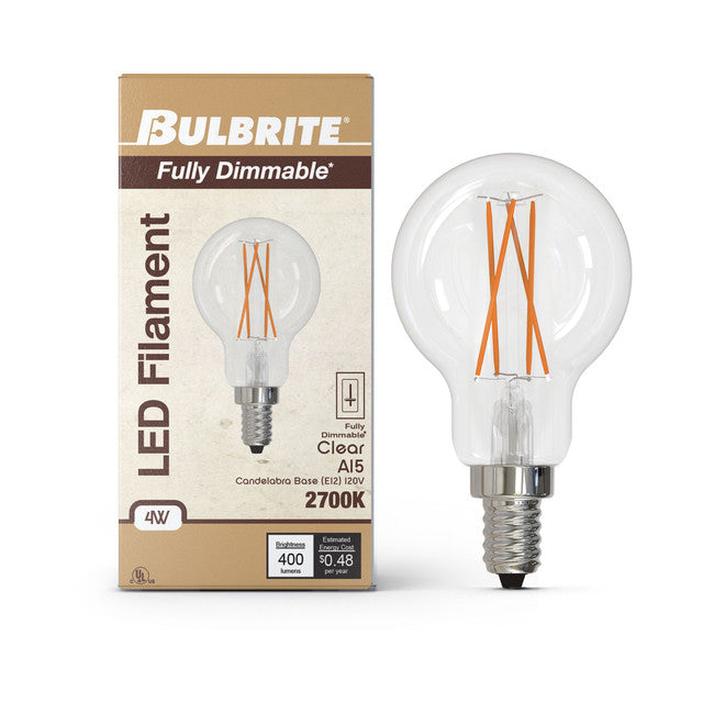 776825 - Filaments Dimmable A15 Clear Glass Candelabra Base - 4 Watt - 2700K - 4 Pack