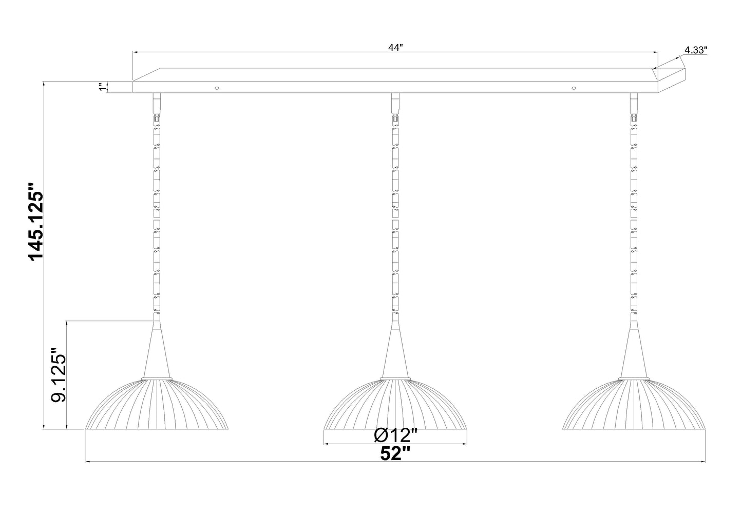 3051P12-3L-BN - Lunelle 3 Light Linear 52" Chandelier - Brushed Nickel