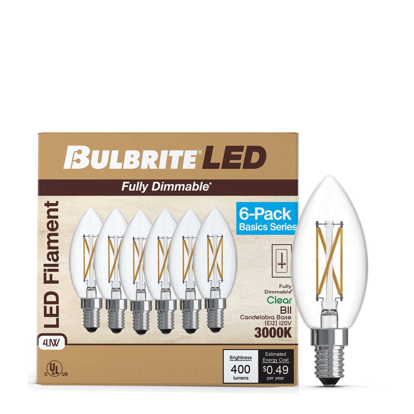 776230 - Filaments Dimmable Clear Glass B11 LED Light Bulb - 4.1 Watt - 3000K - 6 Pack