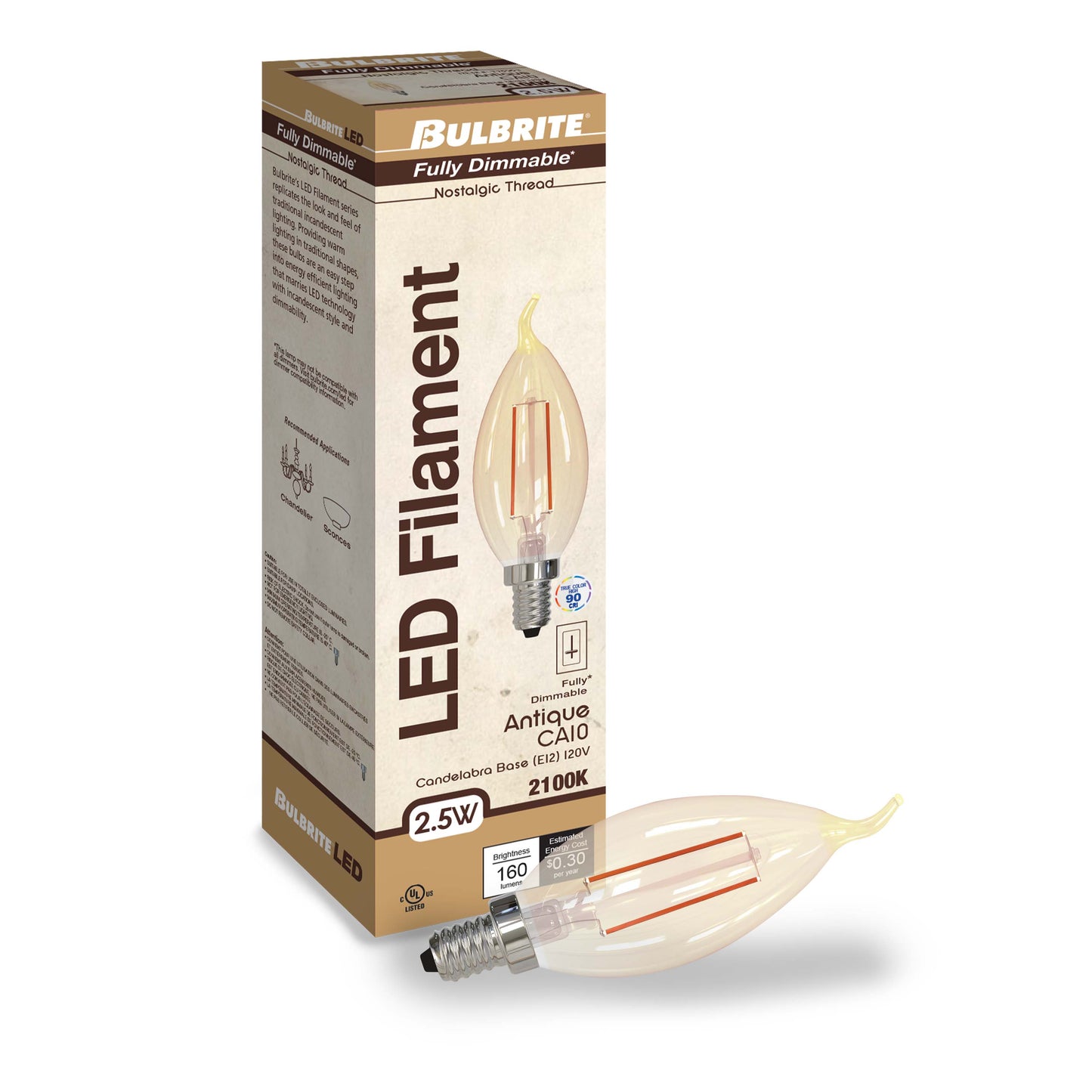 776903 - Dimmable CA10 LED Candelabra Light Bulb - 2.5 Watt - 2100K - 6 Pack