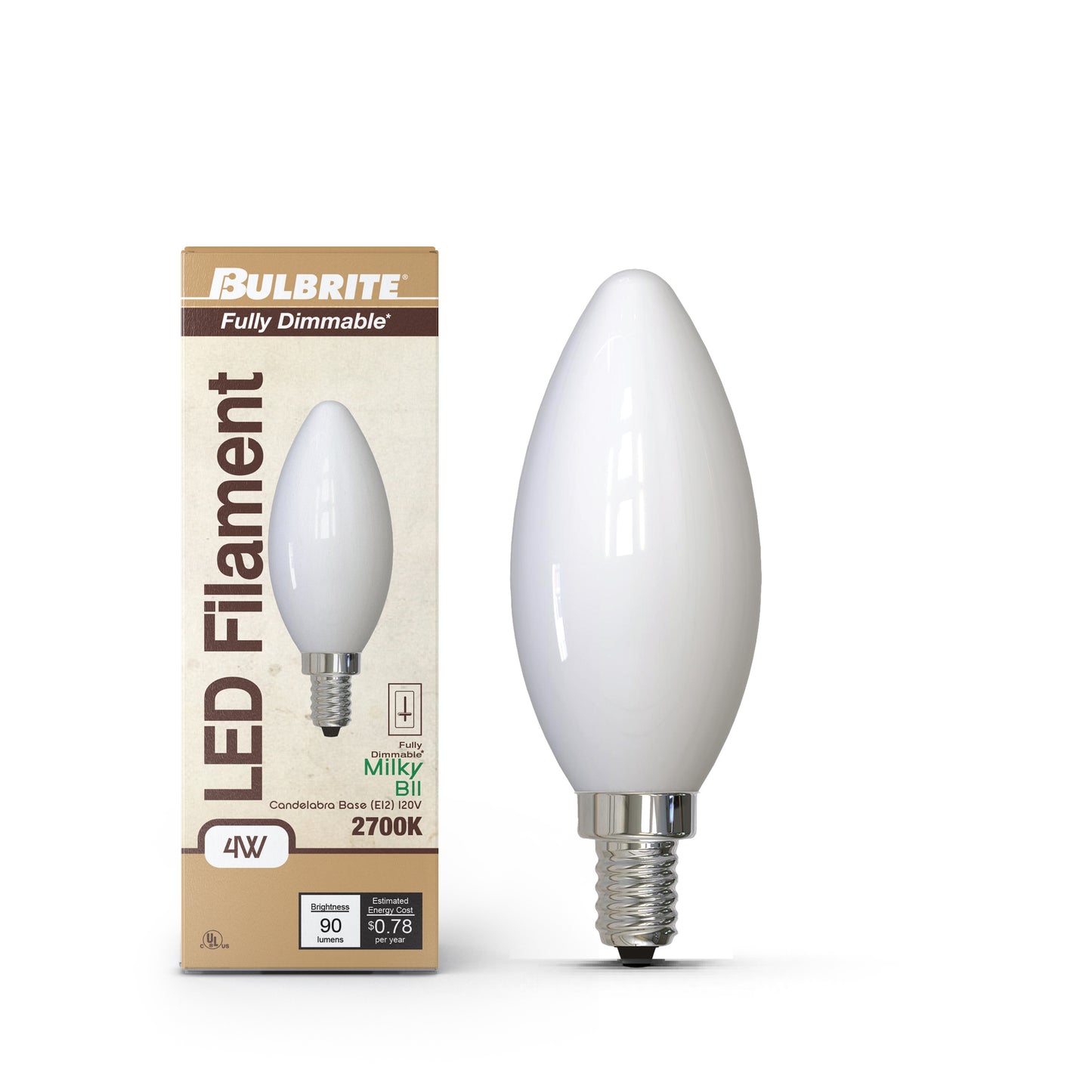 776986 - Dimmable Milky B11 LED Candelabra Light Bulb - 6.5 Watt - 2700K - 4 Pack