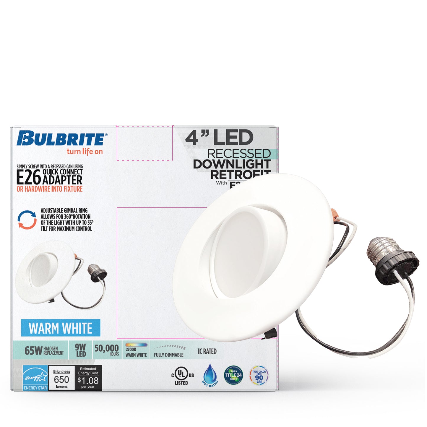 773170 - 9 Watt LED 4" DOWNLIGHT ADJUSTABLE RETROFIT W/GIMBAL 2700K WHITE ROUND DIMMABLE JA8 120V-4PK - 4 Pack