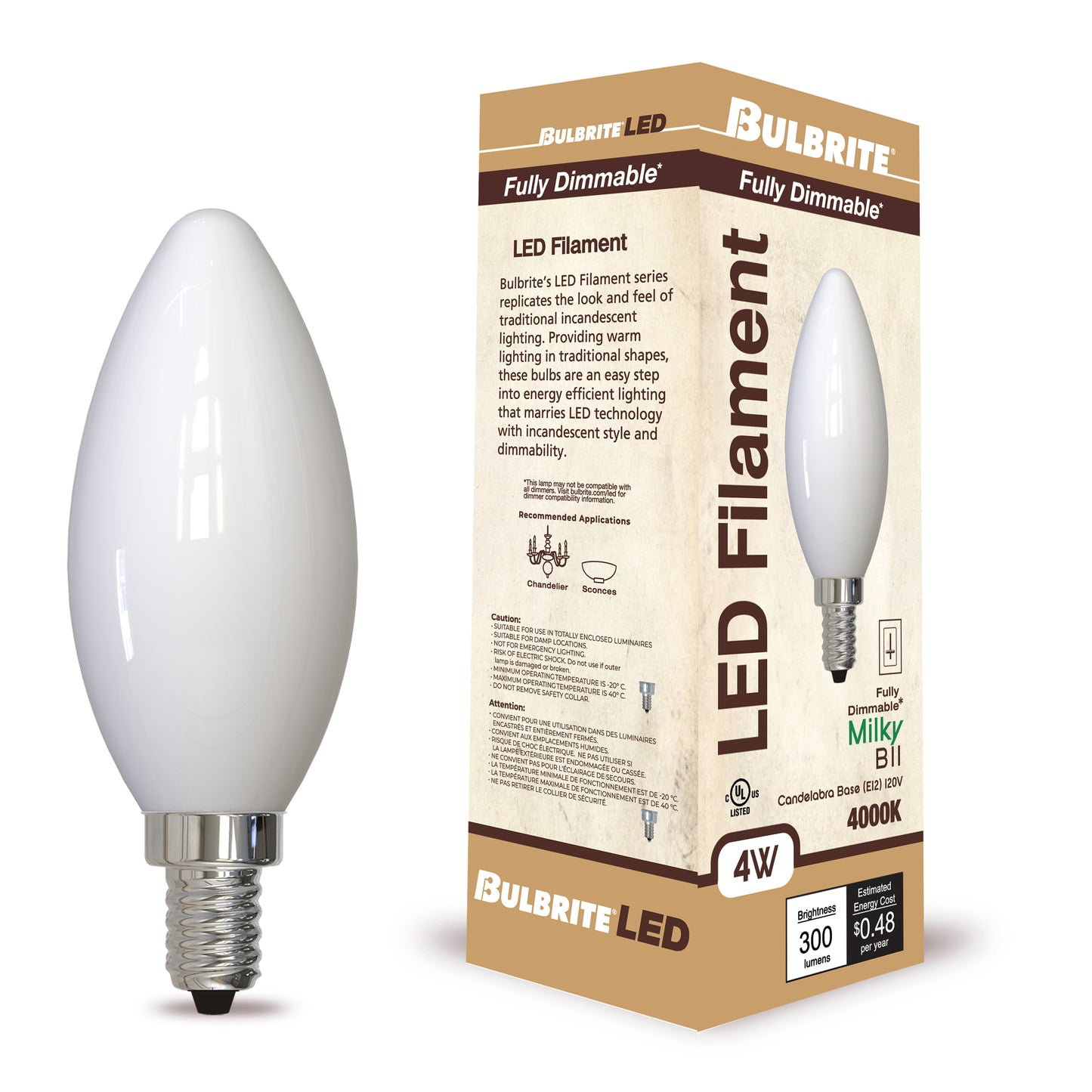 776933 - Dimmable B11 LED Candelabra Light Bulb - 4 Watt - 4000K - 4 Pack