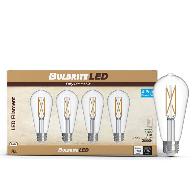 776243 - Filaments Dimmable Clear Glass ST18 LED Light Bulb - 7.6 Watt - 3000K - 4 Pack