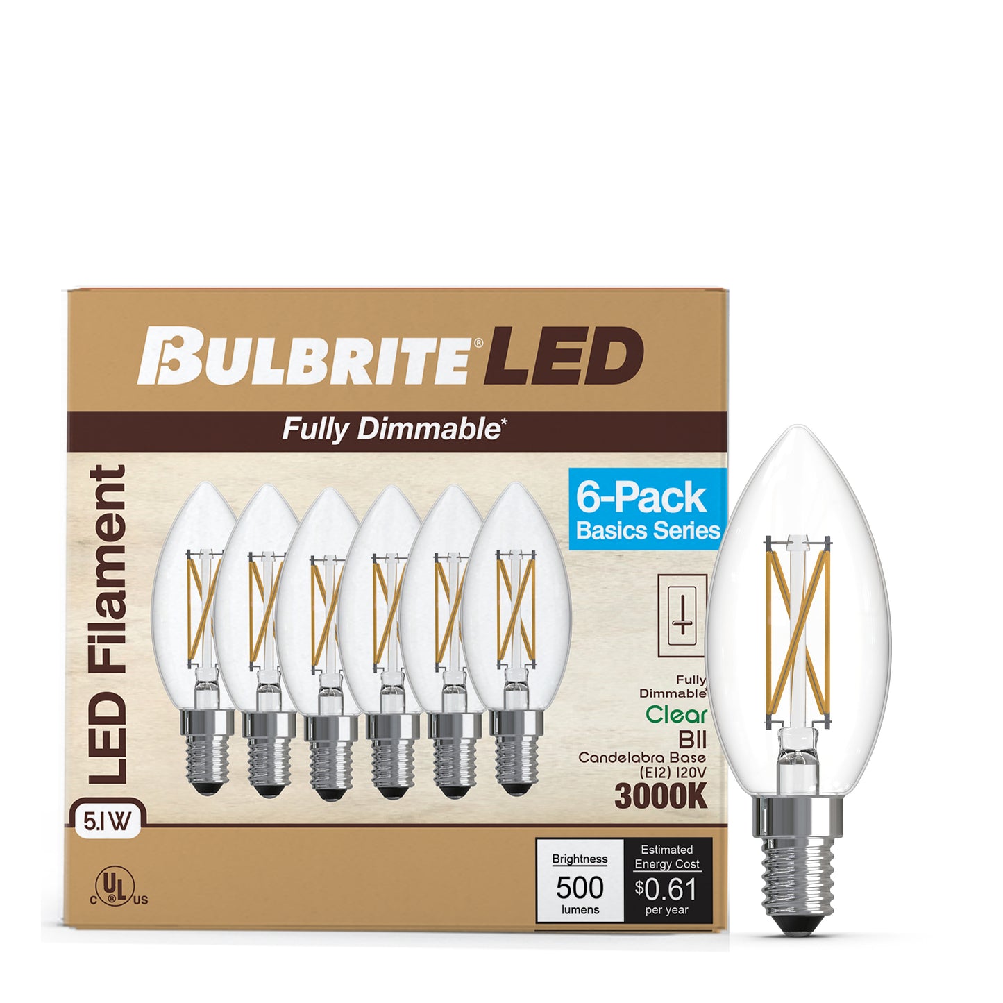 776233 - Filaments Dimmable Clear Glass B11 LED Light Bulb - 5.1 Watt - 3000K - 6 Pack