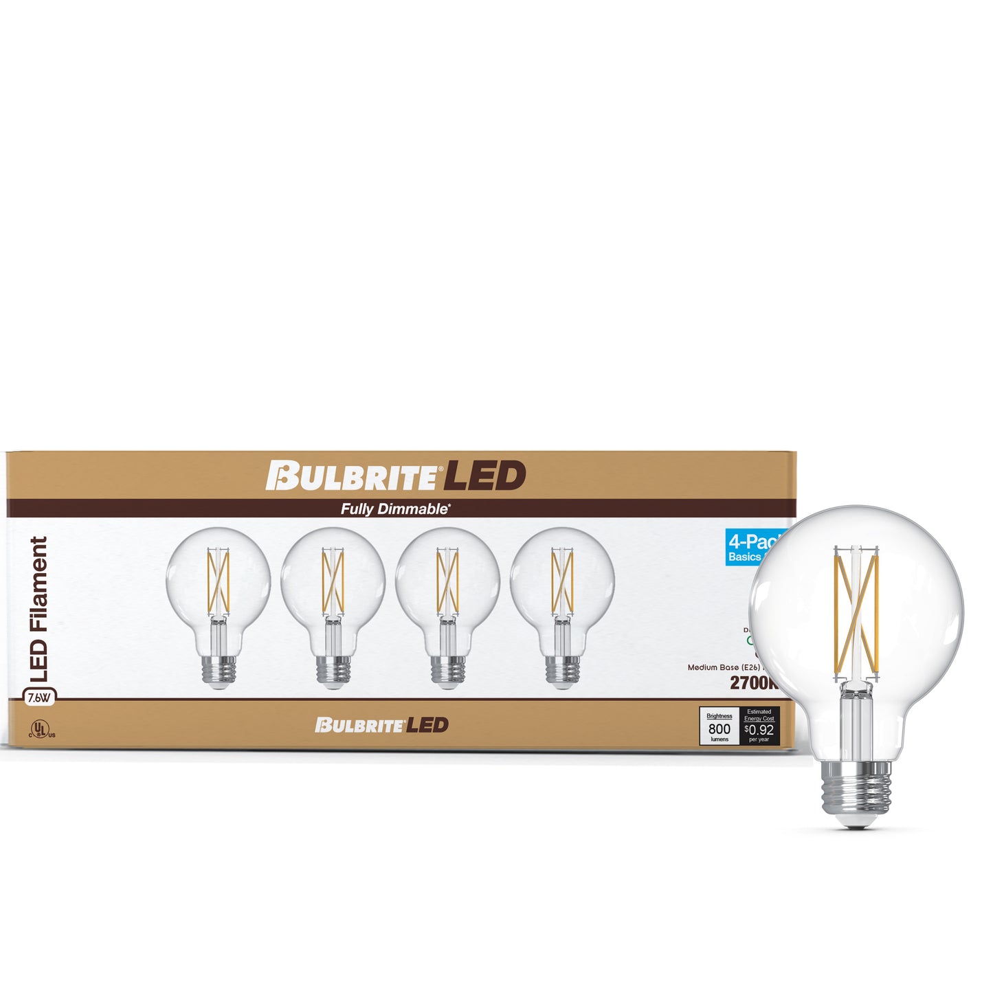 776239 - Filaments Dimmable Clear Glass G25 LED Light Bulb - 7.6 Watt - 2700K - 4 Pack