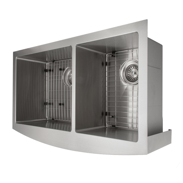 SA60D-36 - 36" Courchevel Farmhouse Apron Mount Double Bowl Stainless Steel Kitchen Sink with Bottom Grid