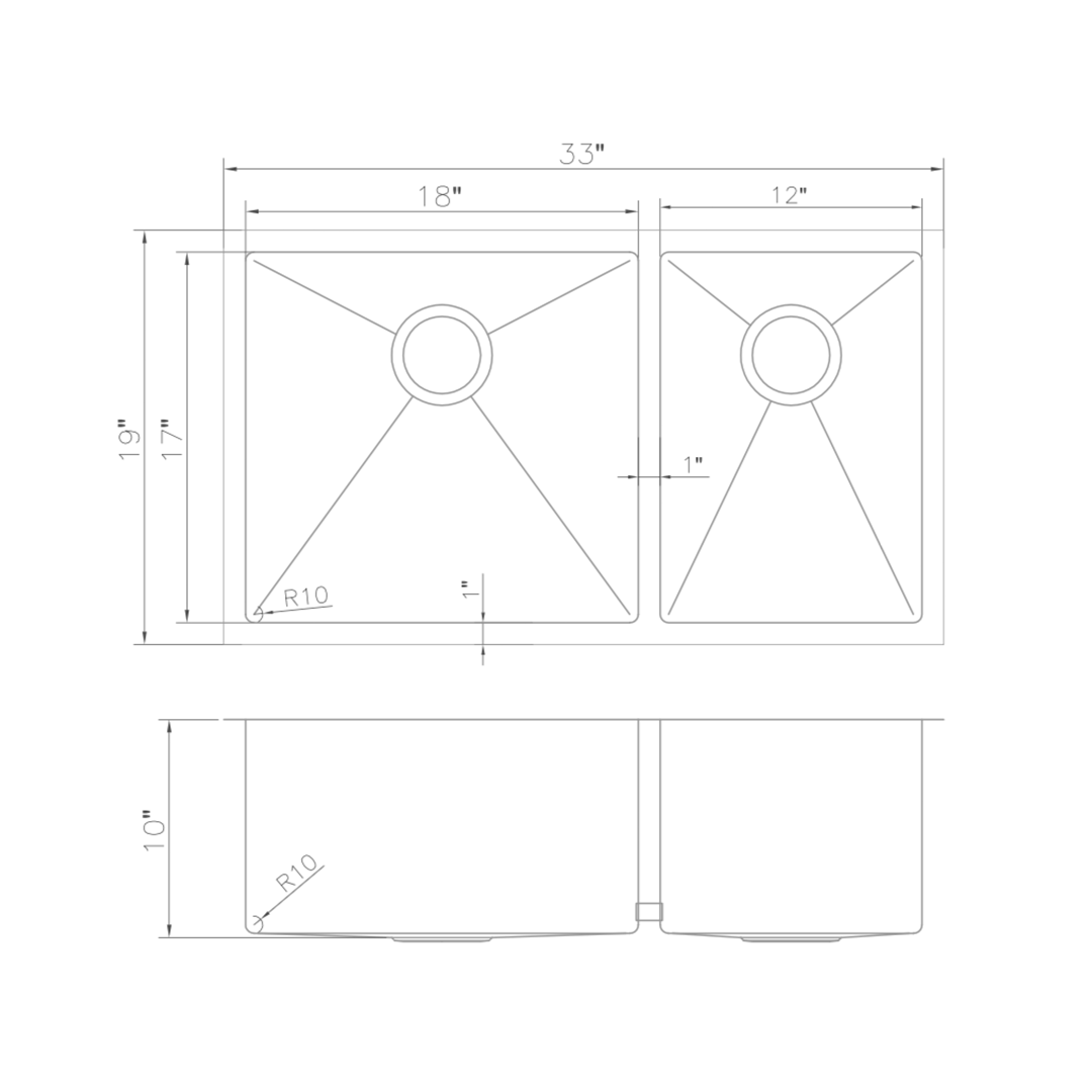 SR60D-33 - 33" Chamonix Undermount Double Bowl Stainless Steel Kitchen Sink with Bottom Grid