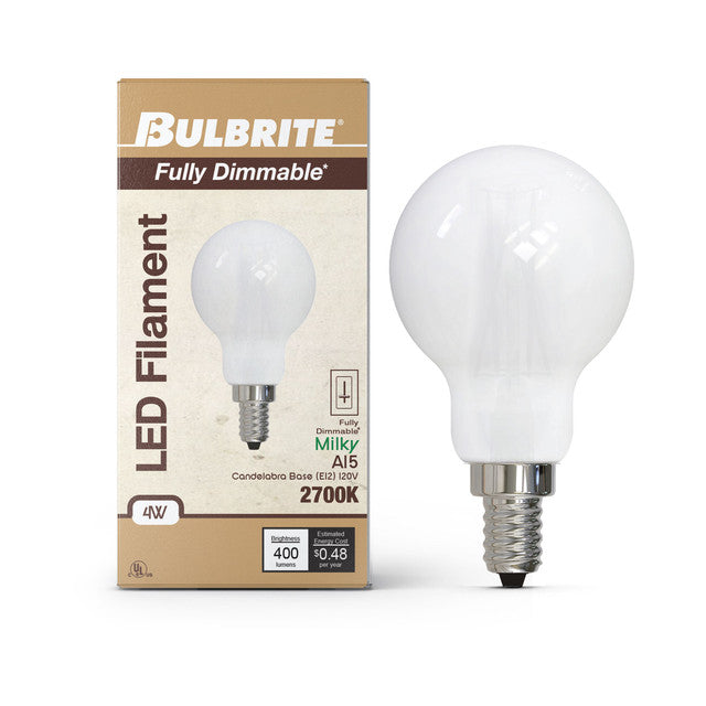 776827 - Filaments Dimmable A15 Milky Glass Candelabra Base - 4 Watt - 2700K - 4 Pack