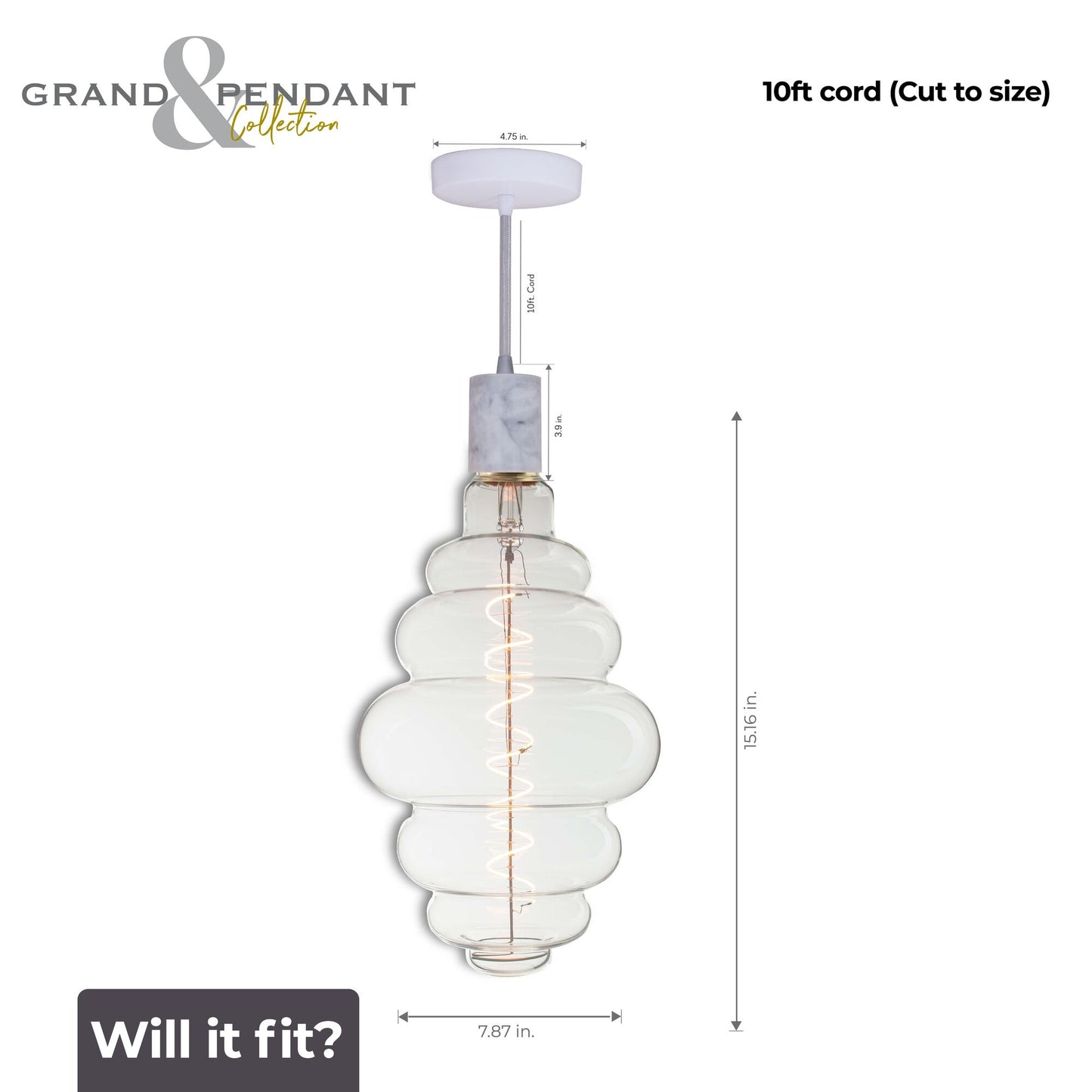776304 - 4 Watt LED BEEHIVE SHAPED GRAND 2200K FILAMENT W/ WHITE MARBLE PENDANT WITH WHITE STRING