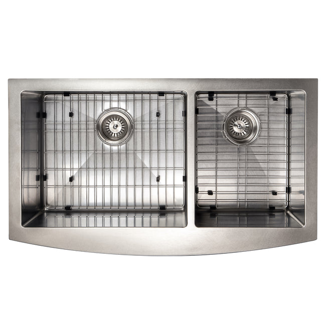 SA60D-36S - 36" Courchevel Farmhouse Apron Mount Double Bowl Satin Stainless Steel Kitchen Sink with Bottom Grid