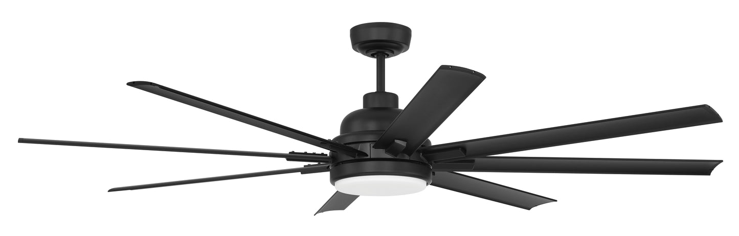 RSH65FB8-NWF - Rush 65" Ceiling Fan, Wet Rated no Wifi 65" 8 Blade Indoor Outdoor Ceiling Fan with Light Kit - Flat Black