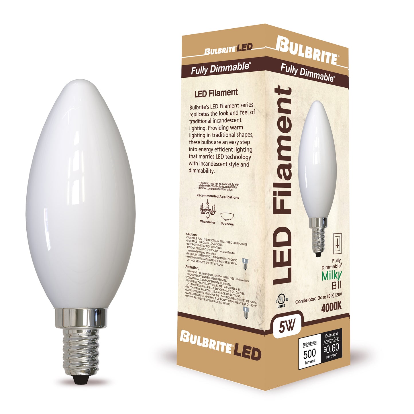 776934 - Dimmable B11 LED Candelabra Light Bulb - 5 Watt - 4000K - 4 Pack