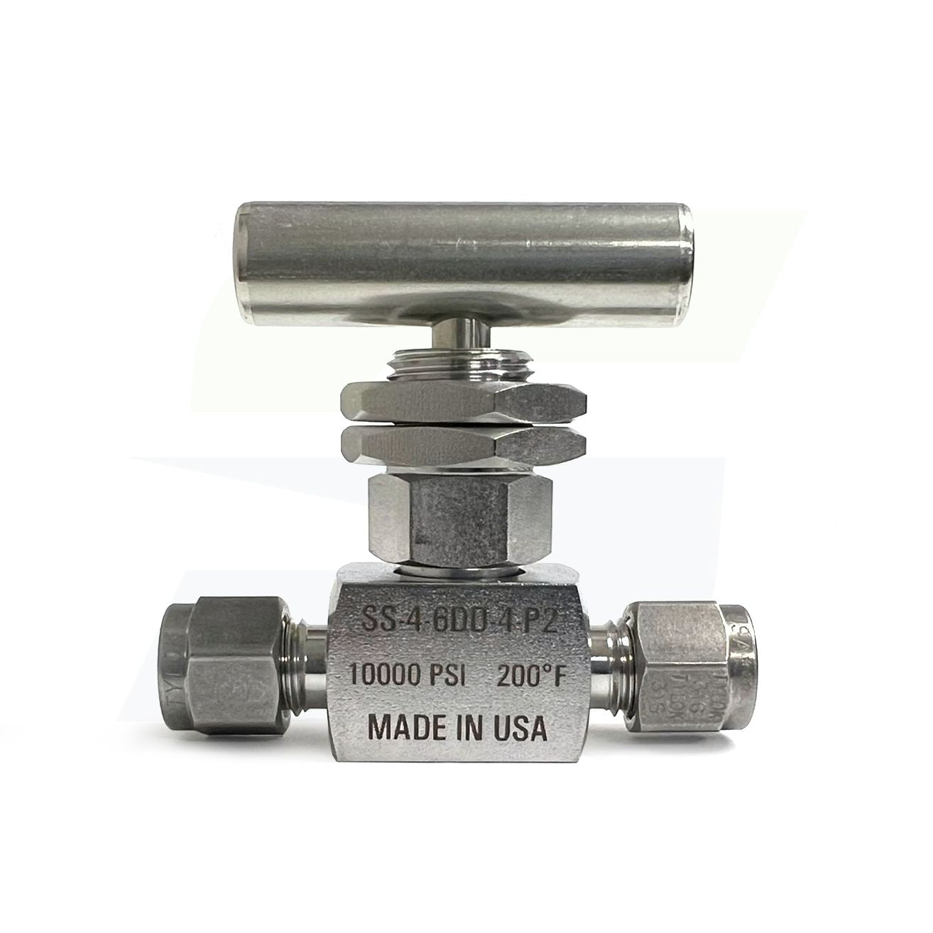 SS-4-6DD-4-P2 - Stainless Screwed Bonnet Needle Valve 1/4" CBC Tube x 1/4" CBC Tube, Panel Mount with 2 Nuts