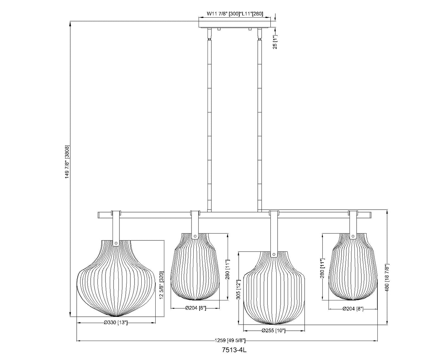 7513-4L-MGLD - Newbury 4 Light 13" Pendant - Modern Gold
