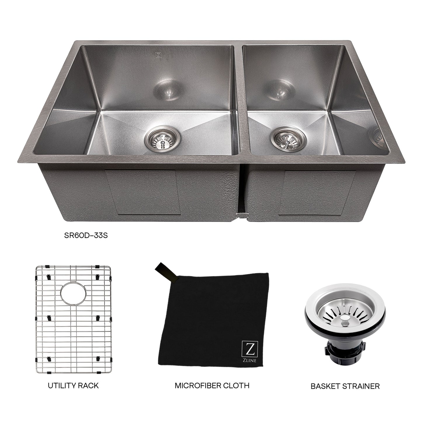 SR60D-36S - 36" Chamonix Undermount Double Bowl Satin Stainless Steel Kitchen Sink with Bottom Grid
