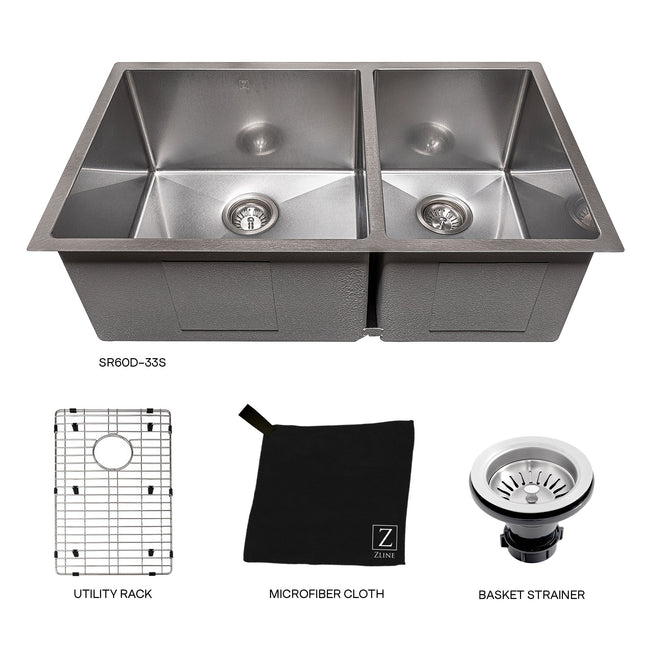SR60D-36S - 36" Chamonix Undermount Double Bowl Satin Stainless Steel Kitchen Sink with Bottom Grid