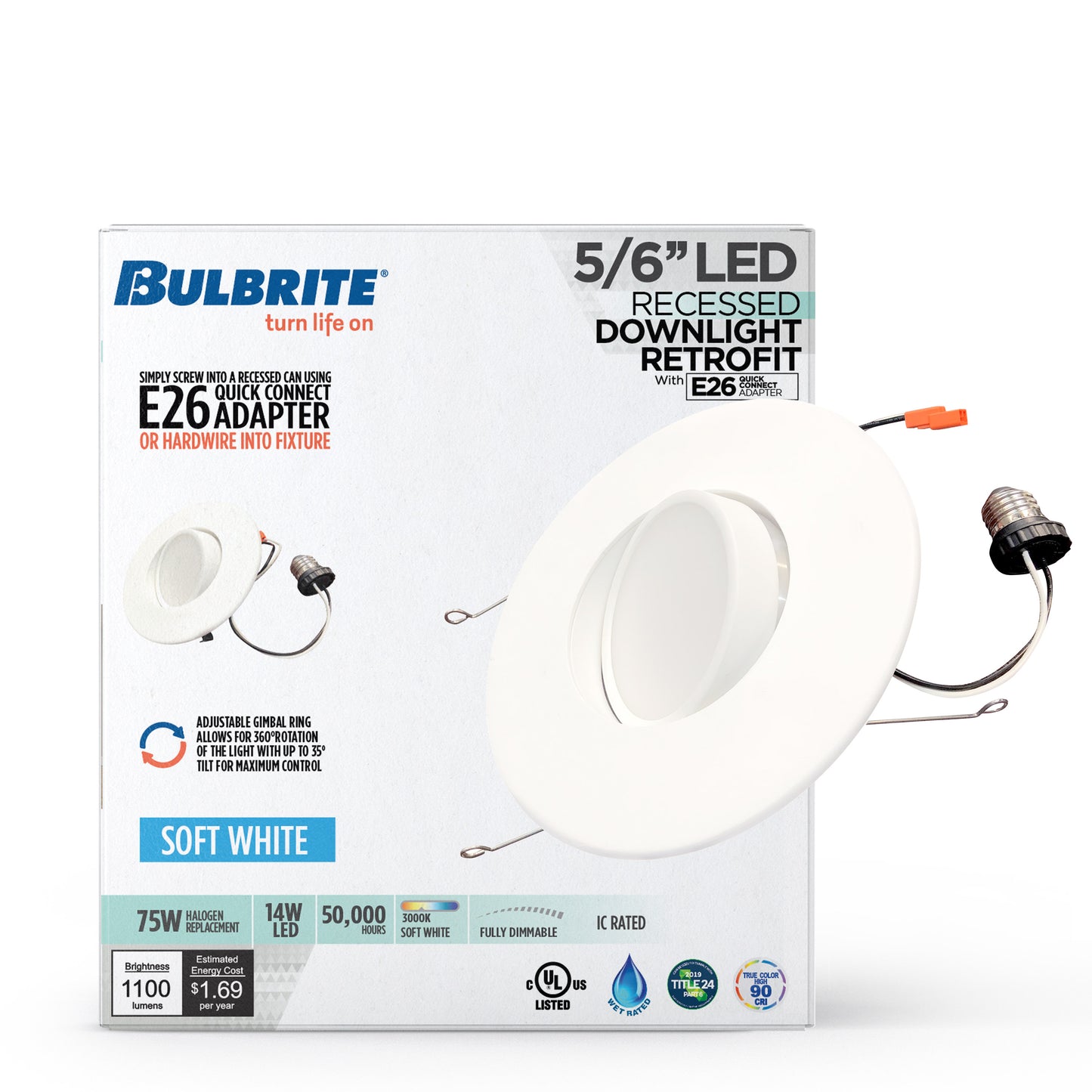 773181 - 14 Watt LED 5/6" DOWNLIGHT ADJUSTABLE RETROFIT W/GIMBAL 3000K WHITE ROUND DIMMABLE JA8 120V-4PK - 4 Pack