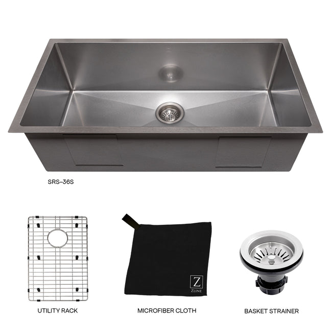 SRS-36S - 36" Meribel Undermount Single Bowl Satin Stainless Steel Kitchen Sink with Bottom Grid