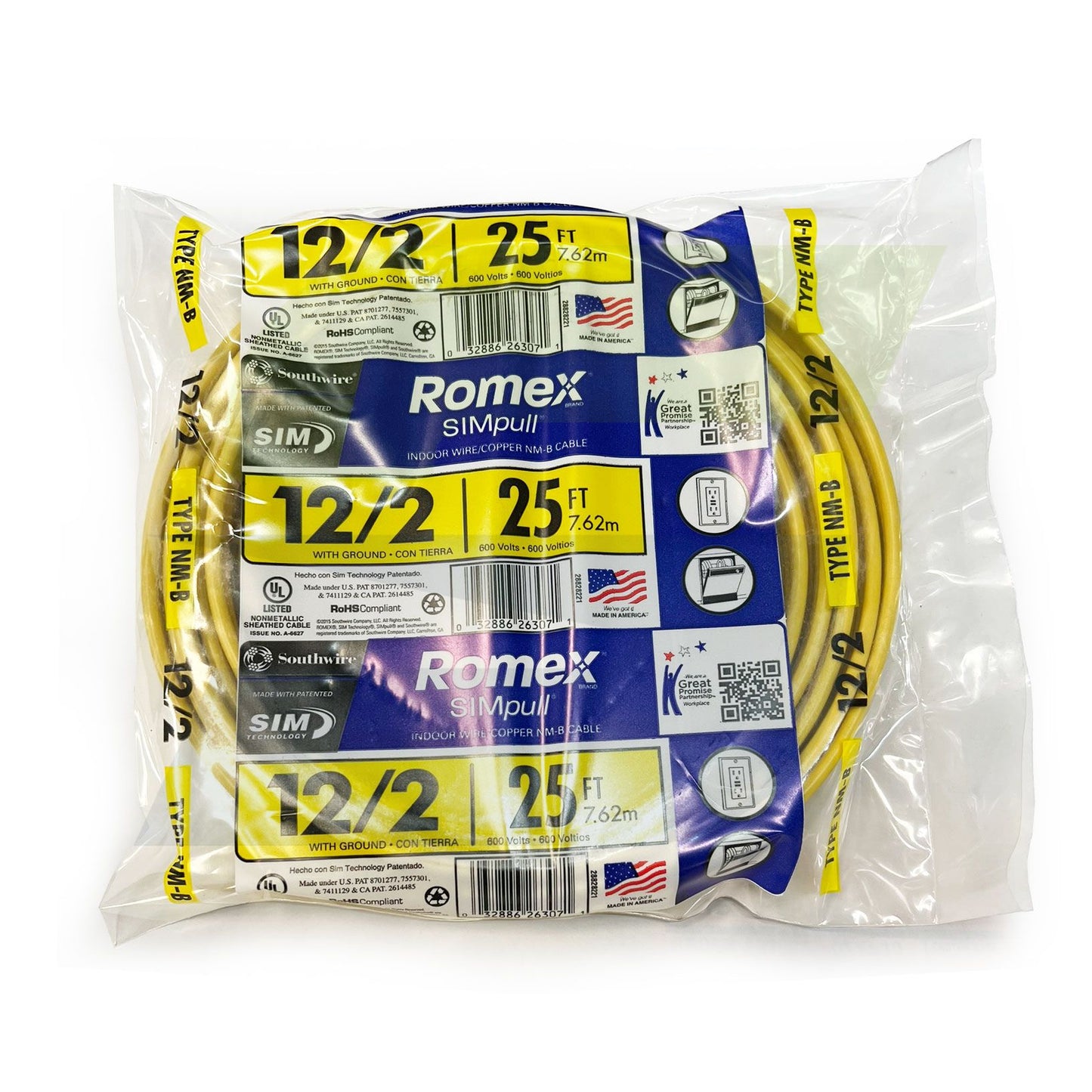28828221 - 12/2 Yellow Romex SIMpull NM-Ba Indoor Electrical Cable with Ground - 25 ft