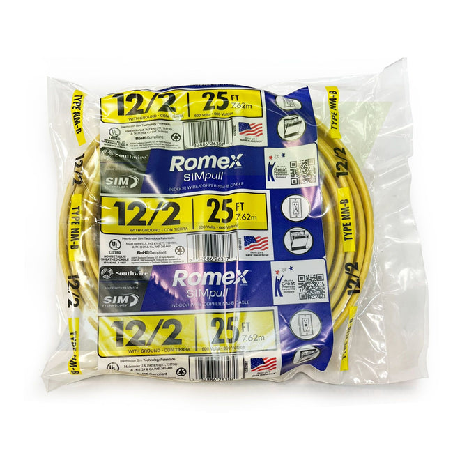 28828221 - 12/2 Yellow Romex SIMpull NM-Ba Indoor Electrical Cable with Ground - 25 ft