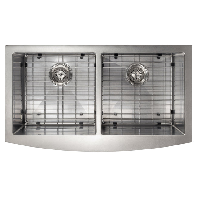 SA50D-36S - 36" Niseko Farmhouse Apron Mount Double Bowl Satin Stainless Steel Kitchen Sink with Bottom Grid