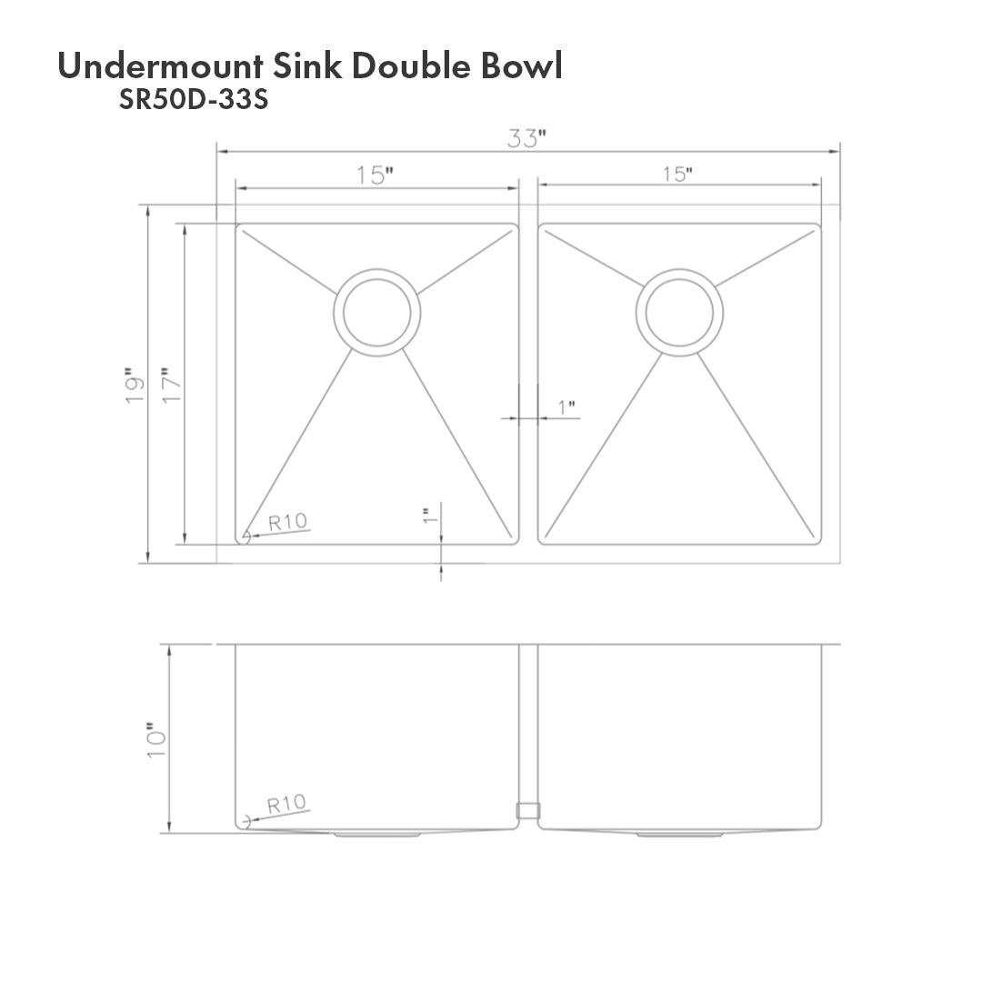 SR50D-33S - 33" Anton Undermount Double Bowl Satin Stainless Steel Kitchen Sink with Bottom Grid