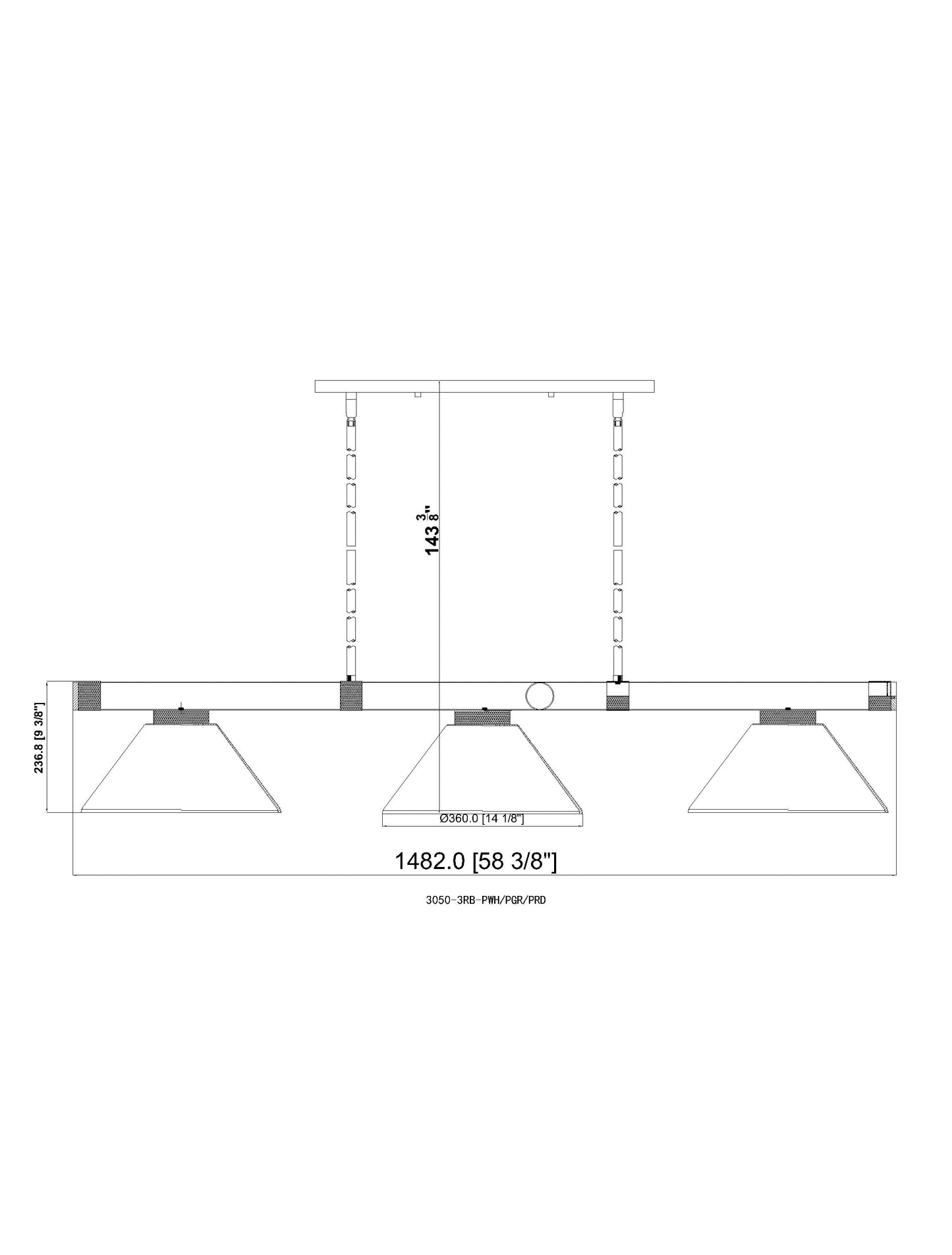 3050-3BN-PWH - Vanguard 3 Light 58" Billiard - Brushed Nickel
