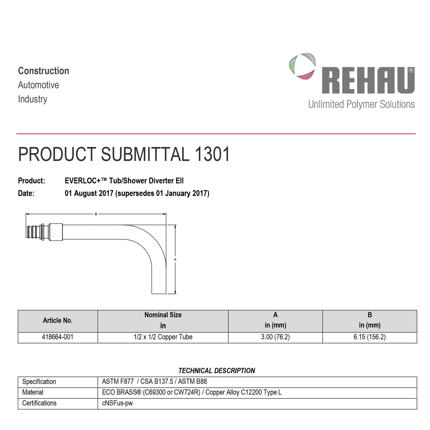 418664-001 - Tub/Shower Diverter Ell, 1/2" EVERLOC+