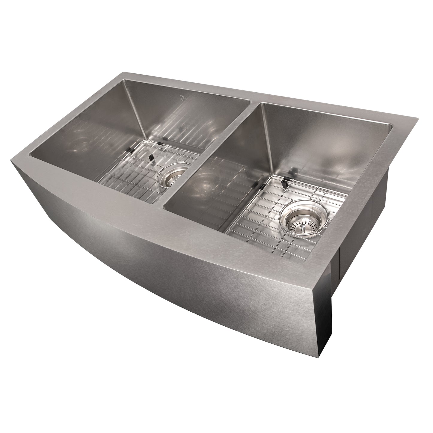 SA60D-36S - 36" Courchevel Farmhouse Apron Mount Double Bowl Satin Stainless Steel Kitchen Sink with Bottom Grid