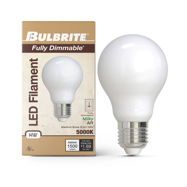776961 - Filaments Dimmable A19 Milky Glass Medium Base - 14 Watt - 5000K - 4 Pack
