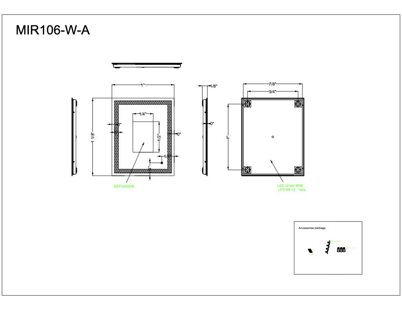 MIR106-W - Frameless,LED Mirror 1 Light 24" Wide Illuminated Mirror - White