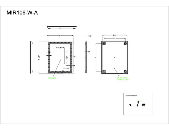 MIR106-W - Frameless,LED Mirror 1 Light 24" Wide Illuminated Mirror - White