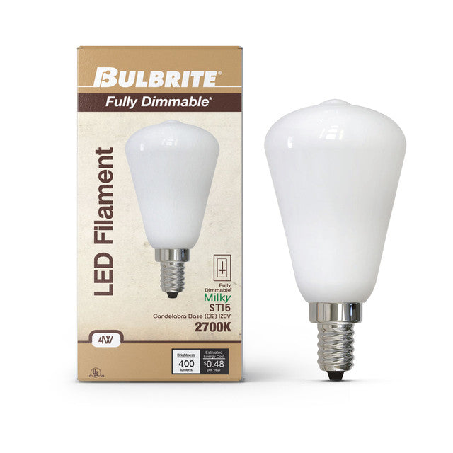776823 - Filaments Dimmable ST15 Milky Glass Candelabra Base - 4 Watt - 2700K - 4 Pack