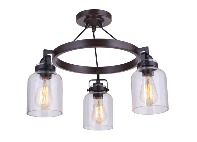53653-FBDT - Foxwood 3 Light 22" Wide Semi Flush Mount - Flat Black / Dark Teak