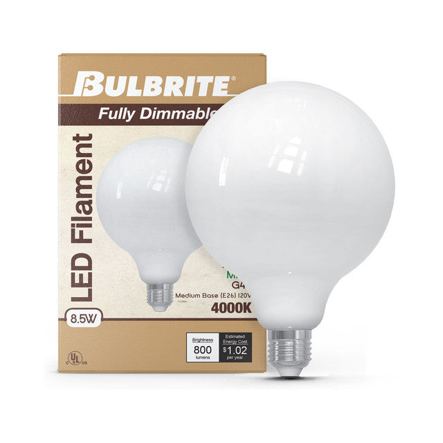 776982 - Filaments Dimmable G40 Milky Glass Medium Base - 8.5 Watt - 4000K - 2 Pack