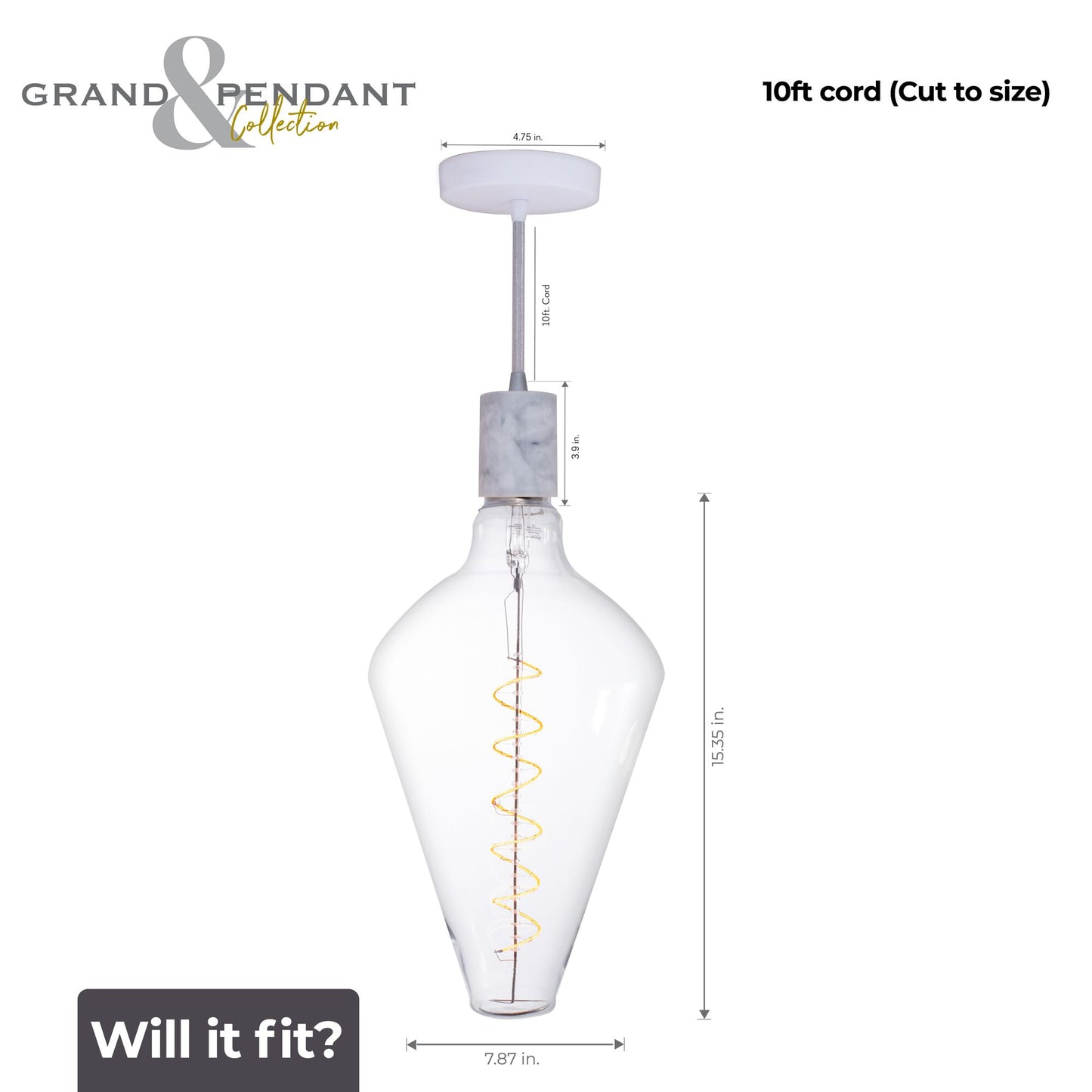 776305 - 4 Watt LED DIAMOND SHAPED GRAND 2200K FILAMENT W/ WHITE MARBLE PENDANT WITH WHITE STRING