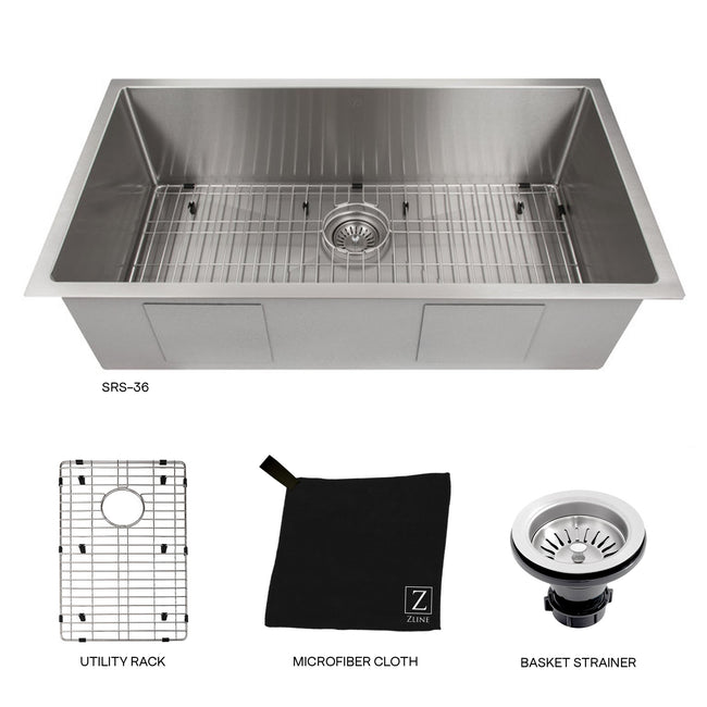 SRS-36 - 36" Meribel Undermount Single Bowl Stainless Steel Kitchen Sink with Bottom Grid