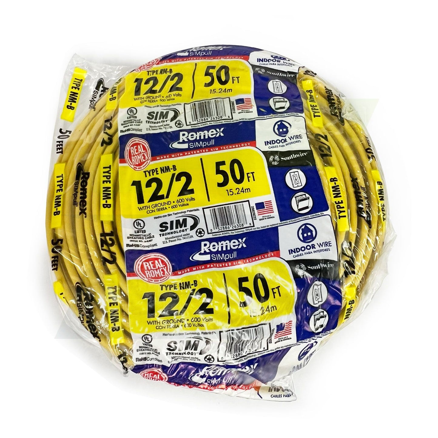 28828222 - 12/2 Yellow Romex SIMpull NM-Ba Indoor Electrical Cable with Ground - 50 ft