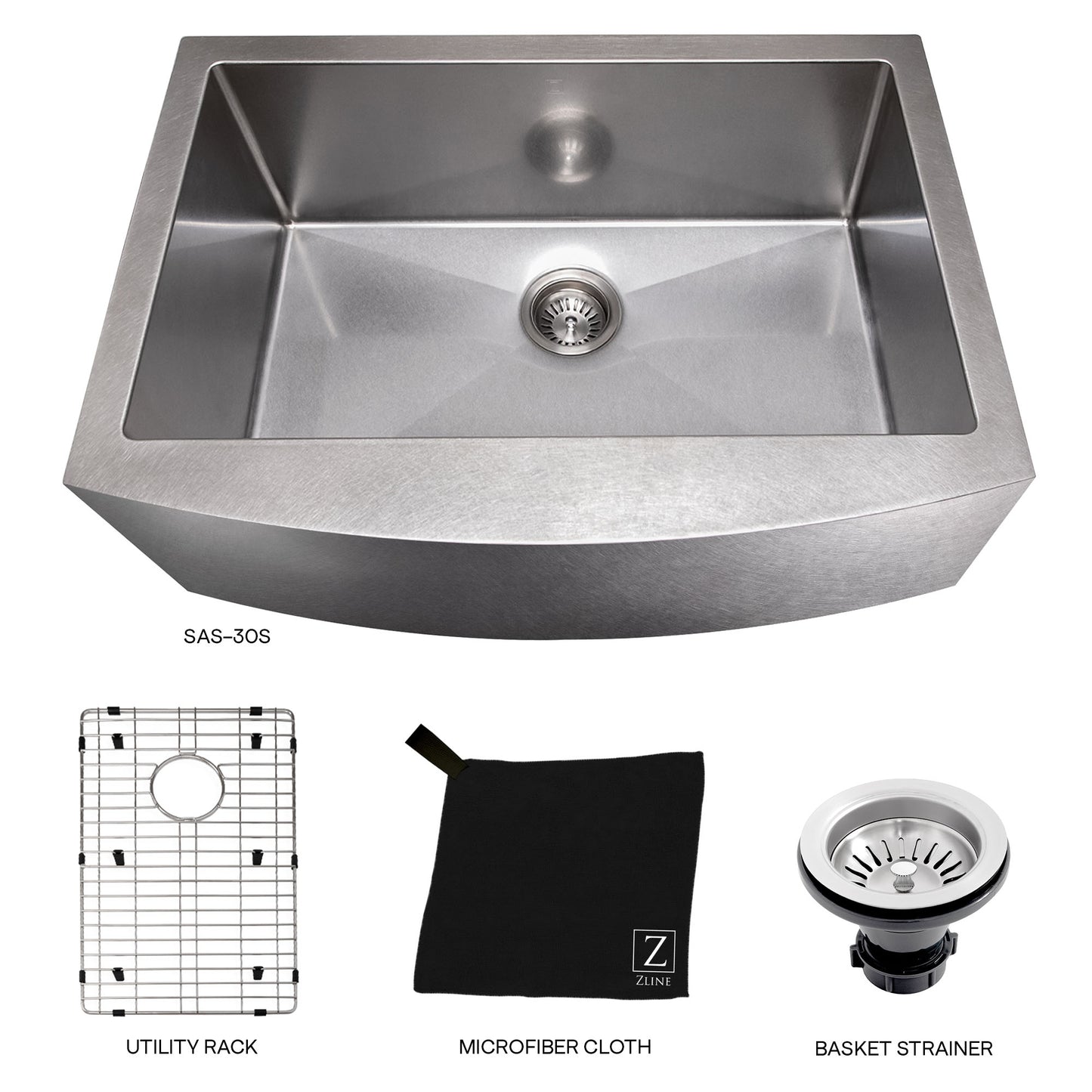 SAS-30S - 30" Zermatt Farmhouse Apron Mount Single Bowl Satin Stainless Steel Kitchen Sink with Bottom Grid