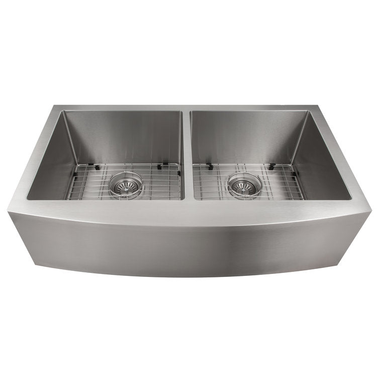 SA50D-36 - 36" Niseko Farmhouse Apron Mount Double Bowl Stainless Steel Kitchen Sink with Bottom Grid