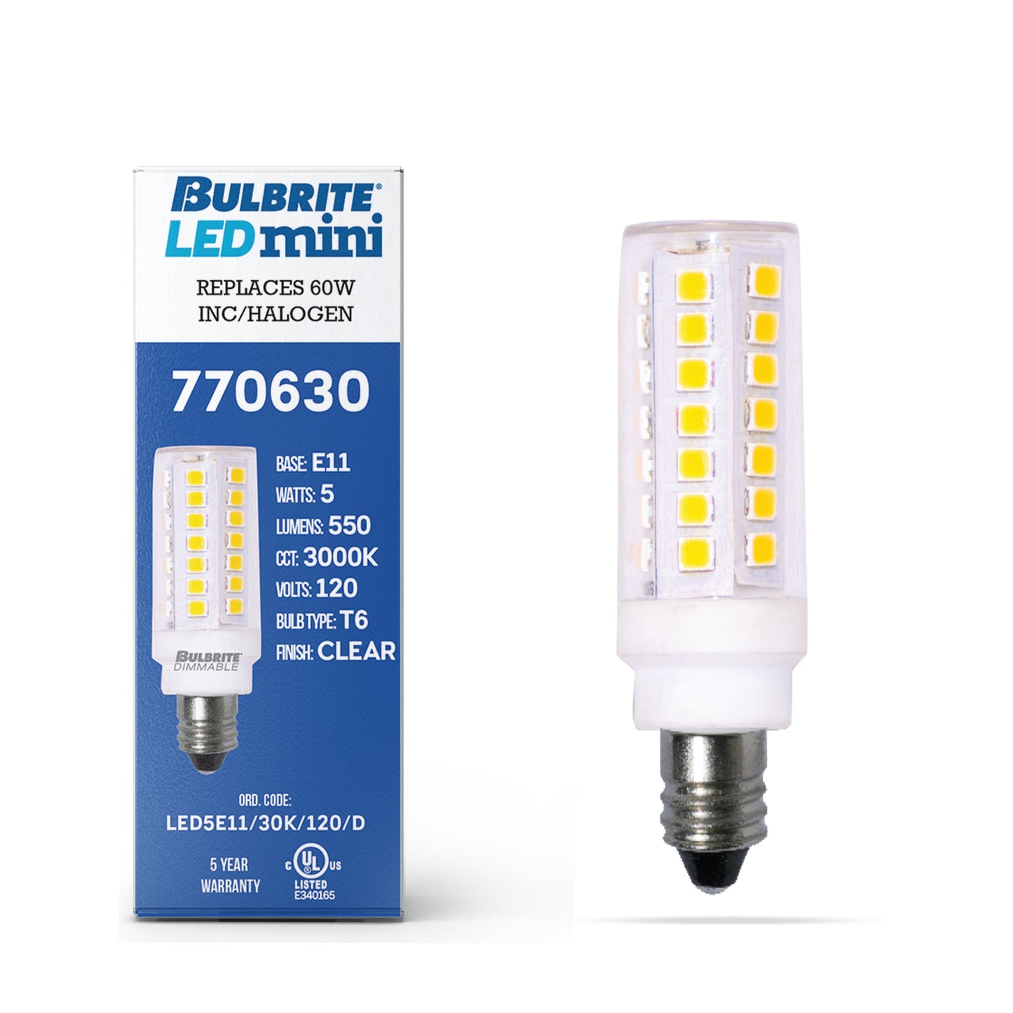770630 - Dimmable T6 LED Mini Candelabra Light Bulb - 5 Watt - 3000K - 3 Pack