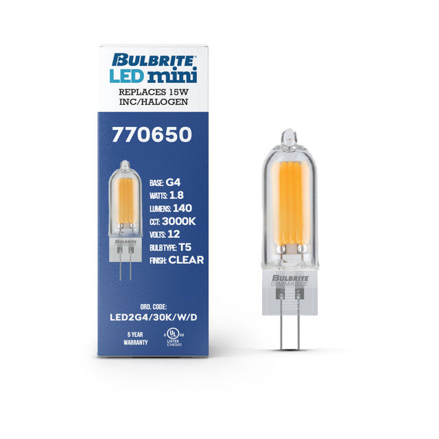 770650 - 12V Dimmable T5 Clear Glass Bi-Pin - 1.8 Watt - 3000K - 4 Pack