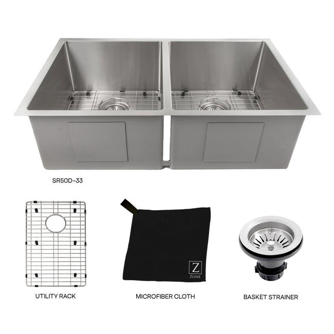 SR50D-33 - 33" Anton Undermount Double Bowl Stainless Steel Kitchen Sink with Bottom Grid
